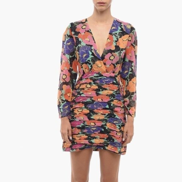 RIXO FLORALPRINTED EMPIRE MINI DRESS WITH GLITTER M - Picture 5 of 14